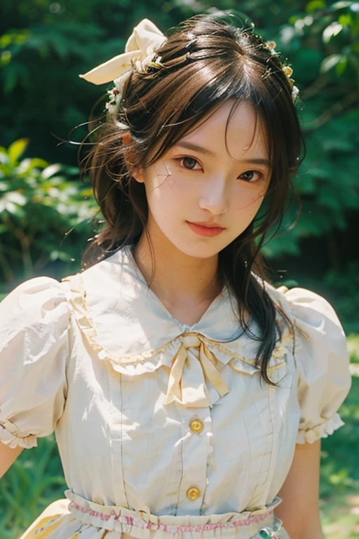 Yellow and white magical girl cosplay, Anime Girl Cosplay,  Yellow and white Lolita outfit, 
slender girl, Brown Hair, garden, sunny, Short sleeve, mini skirt, summer, smile, Delicate girl, 
((photograph:1.3)), ((Realistic:1.5)), (highest quality:1.4), ((Ultra-high resolution:1.3)), 
((Highest quality:1.3)), ((Ultra-detailed:1.3)), (Sharp Focus:1.3), 
masterpiece, Real, Photorealistic, Extremely detailed, 
Real Life, 超Realistic, Photorealism, Fine details, 
Perfect artwork, Professional Writing, 
