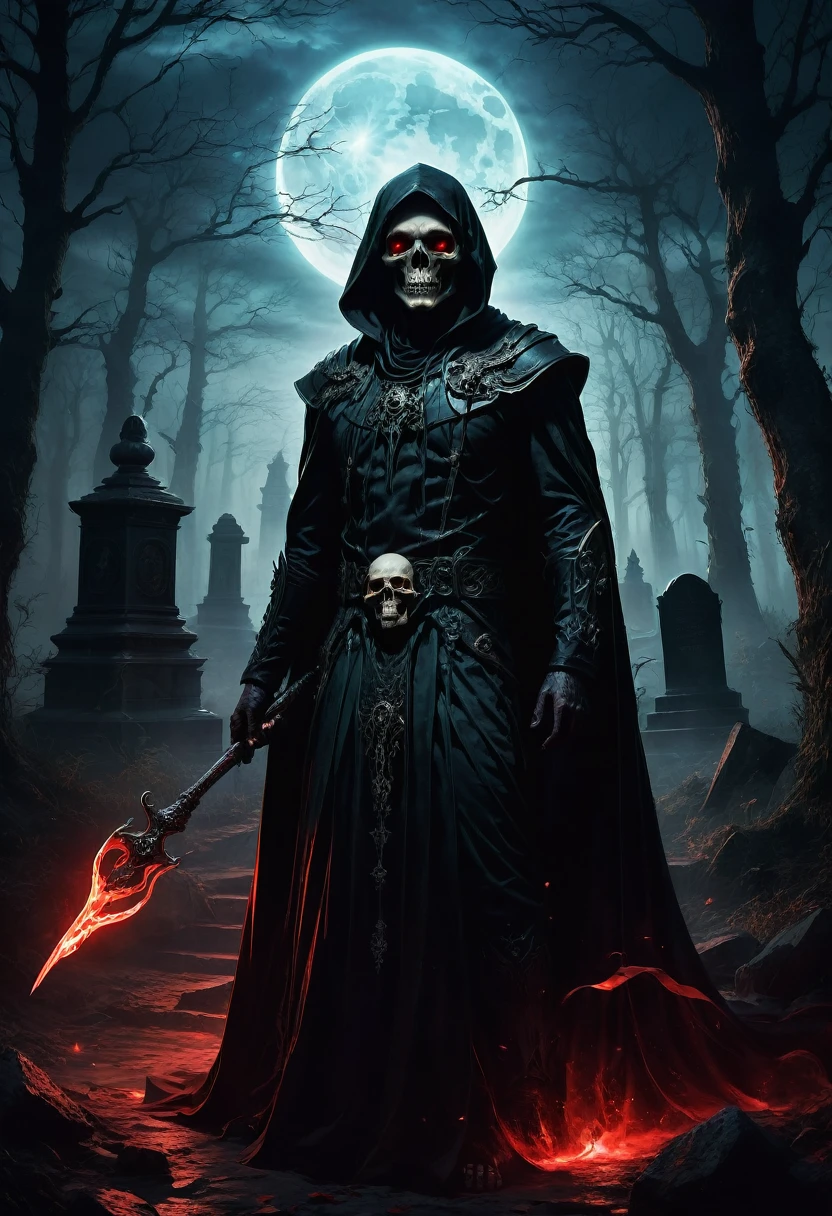 (best quality,4k,8k,highres,masterpiece:1.2),ultra-detailed,(realistic,photorealistic,photo-realistic:1.37),Black Grim Reaper,dark silhouette,cloaked figure,rustling black robes,long scythe,glowing red eyes,ominous presence,hovering darkness,dark ethereal figure,nightmarish specter,sinister aura,harbinger of death,eerie atmosphere,mysterious entity,shadows enveloping,haunting visage,menacing expression,skull-like face,otherworldly being,terrifying figure,reaping souls,glimpse of the afterlife,dreadful embodiment,ominous rituals,desolate cemetery,grim and somber,ominous moonlit night,darkened sky,thick fog,ominous whispers,lurking in shadows,eternal darkness,bone-chilling encounter,death's cold grip,intense and brooding,ominous catalyst,ominous cloak of despair,evil personified,intertwined with shadows,impending doom,abyssal realm,shivering in fear,eternal slumber. aesthetic