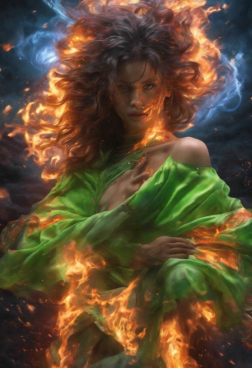 Venus, perfect body Torso, body wrapped in flames, perfect style, psychedelic color, green transparent cloak, liquid cloak, whirl wind, neon light, UHD, hair blow, long waist hair, surrealism, epic realism, uphold hands, fire tornado background, dark night scene, dark moon, standing on the clouds