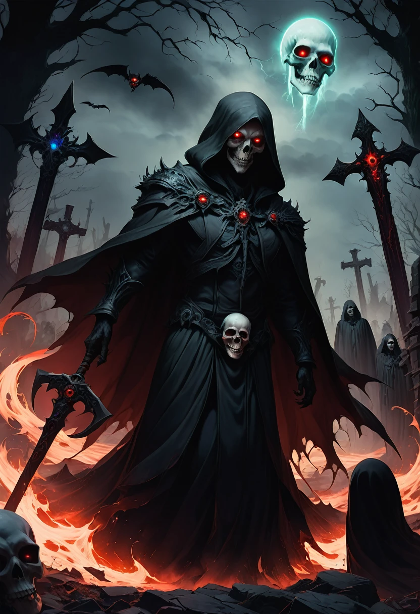 (best quality,4k,8k,highres,masterpiece:1.2),ultra-detailed,(realistic,photorealistic,photo-realistic:1.37),Black Grim Reaper,dark silhouette,cloaked figure,rustling black robes,long scythe,glowing red eyes,ominous presence,hovering darkness,dark ethereal figure,nightmarish specter,sinister aura,harbinger of death,eerie atmosphere,mysterious entity,shadows enveloping,haunting visage,menacing expression,skull-like face,otherworldly being,terrifying figure,reaping souls,glimpse of the afterlife,dreadful embodiment,ominous rituals,desolate cemetery,grim and somber,ominous moonlit night,darkened sky,thick fog,ominous whispers,lurking in shadows,eternal darkness,bone-chilling encounter,death's cold grip,intense and brooding,ominous catalyst,ominous cloak of despair,evil personified,intertwined with shadows,impending doom,abyssal realm,shivering in fear,eternal slumber. aesthetic