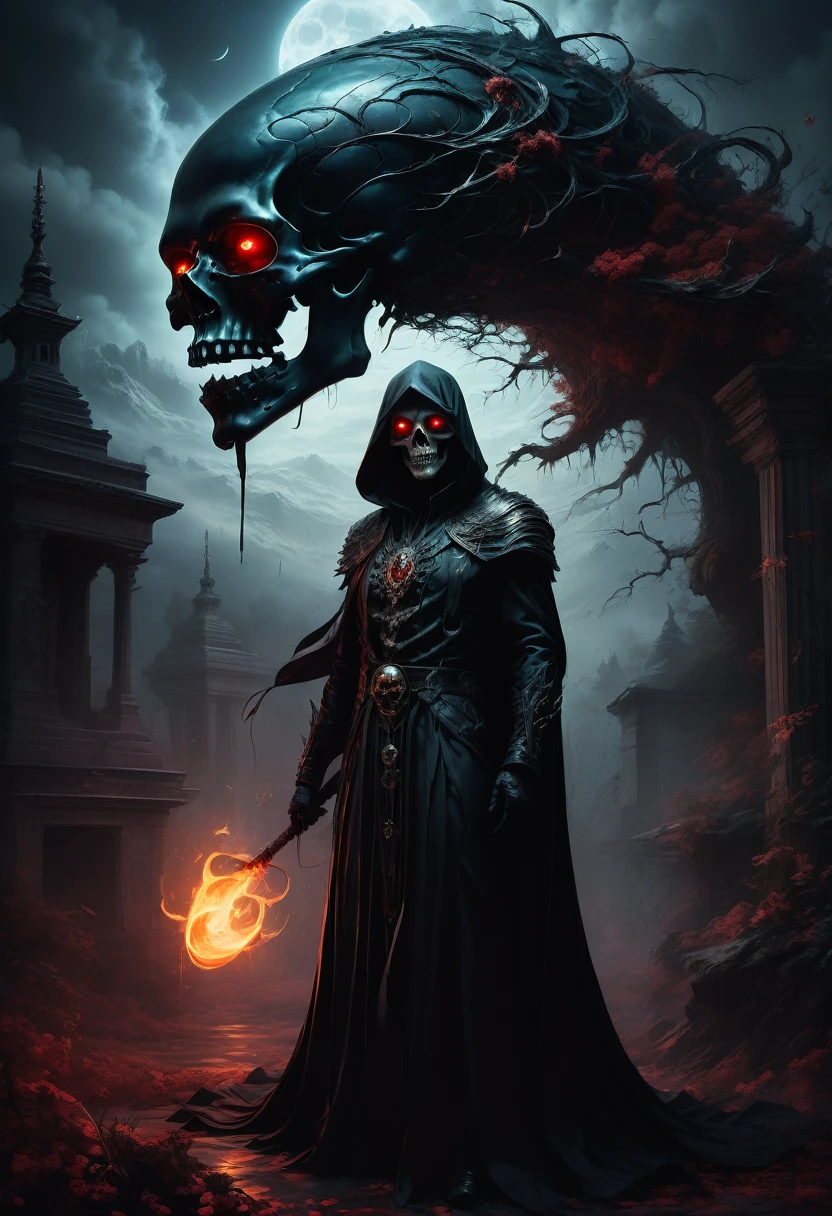(best quality,4k,8k,highres,masterpiece:1.2),ultra-detailed,(realistic,photorealistic,photo-realistic:1.37),Black Grim Reaper,dark silhouette,cloaked figure,rustling black robes,long scythe,glowing red eyes,ominous presence,hovering darkness,dark ethereal figure,nightmarish specter,sinister aura,harbinger of death,eerie atmosphere,mysterious entity,shadows enveloping,haunting visage,menacing expression,skull-like face,otherworldly being,terrifying figure,reaping souls,glimpse of the afterlife,dreadful embodiment,ominous rituals,desolate cemetery,grim and somber,ominous moonlit night,darkened sky,thick fog,ominous whispers,lurking in shadows,eternal darkness,bone-chilling encounter,death's cold grip,intense and brooding,ominous catalyst,ominous cloak of despair,evil personified,intertwined with shadows,impending doom,abyssal realm,shivering in fear,eternal slumber. aesthetic