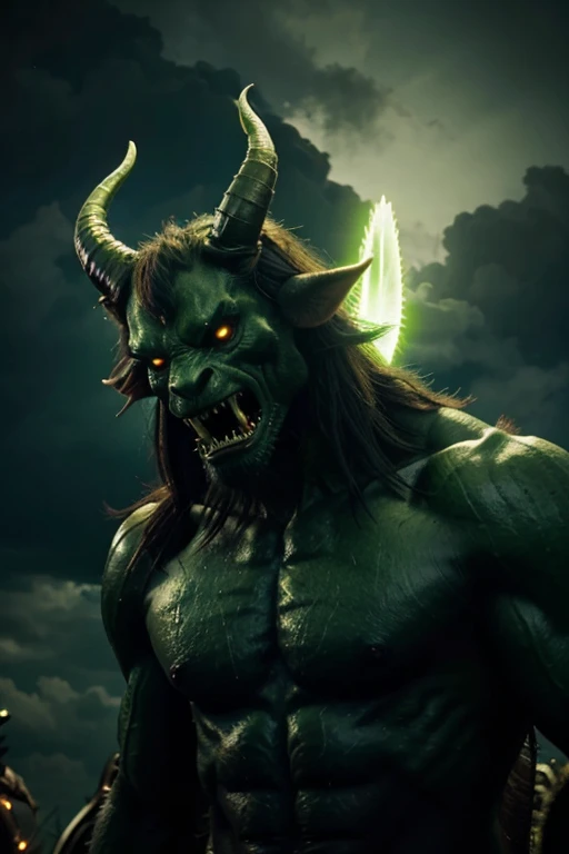 A giant non-humanoid demon with a green aura and two horns roars toward the sky..
