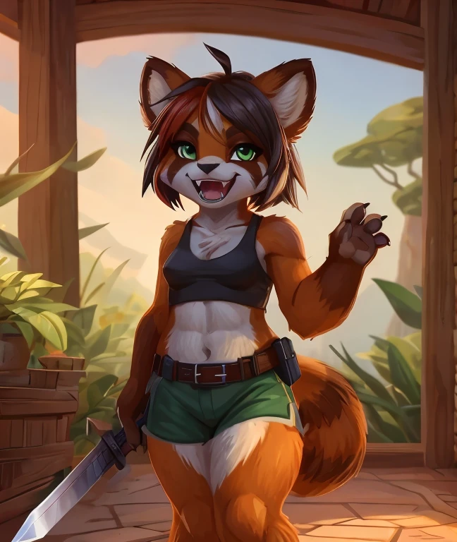 small_animal_ears, small_panda_ears, pandaren, world_of_warcraft, anthropomorphic, short_brown_hair, green_eyes, claws, female, fantasy, long_fluffy_tail, foxtail, open_mouth, 2fangs, original_character, open_paw_pose, red_panda, black_midriff_tanktop, vibrand_tattered_shorts, smile, medium_sized_breasts, detailed_cloth, 4fingers, paws, bare_midriff, fangs_in_mouth, vibrant_green_shorts, tattered_shorts, katana, katana_in_right_paw, brown_belt, leatherbelt, brown_leatherbelt, steel_sword, belt_pouch, pouch, pouch_on_belt, beltbag, bag_on_belt, 