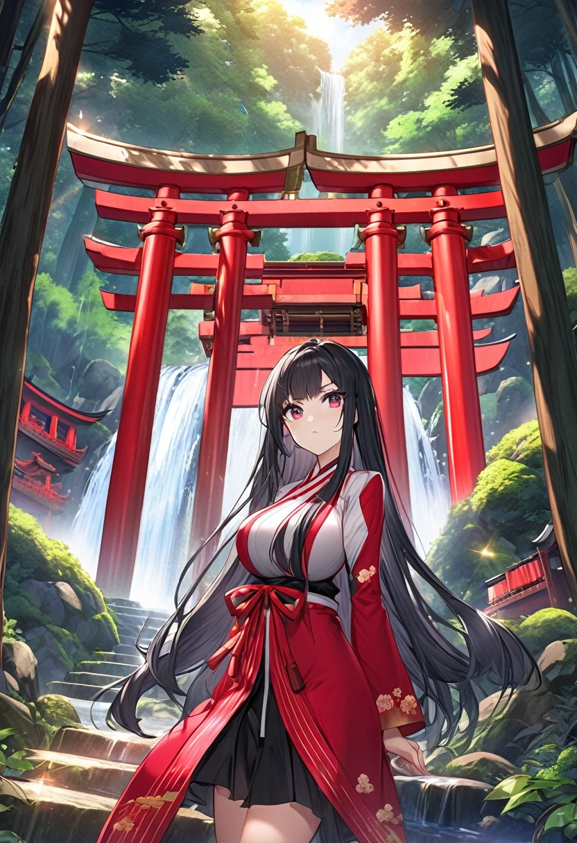 anime、Vibrant colors、Beauty、20-year-old、gallant、dignified、Calm、Black Hair、Long Hair、Straight Hair、The bangs are cut above the eyebrows、Narrow eyes、Slanted Eyes、Bright eyes、Sparkling eyes、Large Breasts、in the forest、shrine、10 large red torii gates、waterfall
