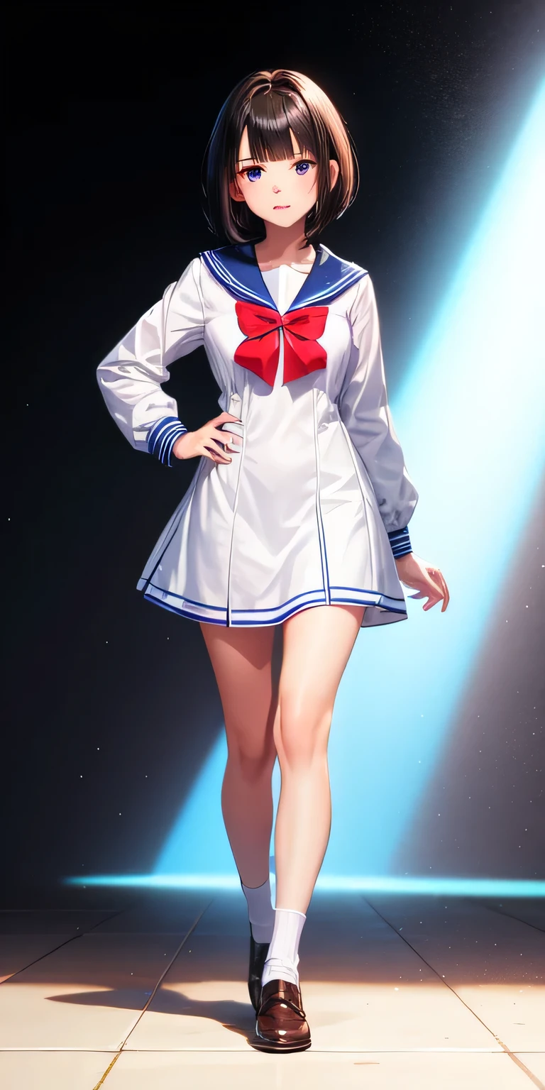  One girl, Black Hair，Bob Hair，Red eyes, Glowing Eyes, Sailor dress, Lips parted, from the front，whole body，Brown leather shoes，blush, White background，Blue Eyes Background