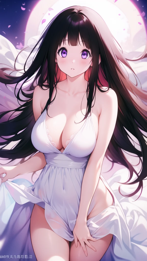 Amazing Chitanda, There is only one beautiful girl,Purple Eyes, Black Hair, Very red face,Very white skin,Glowing skin,Skin as delicate as porcelain,Naturally straight hair, Straight bangs,Extremely refined,Open lips,Long flowing hair,Beautiful Girl, Like a dream,Slim,Slim waist,Soft, (Sensual), (Kawaii), Dream quality,Beautiful big breasts,Half of the areola is exposed,Completely naked,Wearing a wedding dress,Deep V neckline,Loose neckline,Wide neckline,on the street,night,no pants,Bare shoulders,Bare neck,Exposed collarbone,Exposing breasts,Exposing breasts侧面,Show your waist,Show your buttocks,Show your thighs,Exposing the groin,No pants,extremely shy,Ultra-high resolution, (masterpiece:1.2, best quality), (Delicate and beautiful eyes: 1.2), (Beautiful and delicate face)