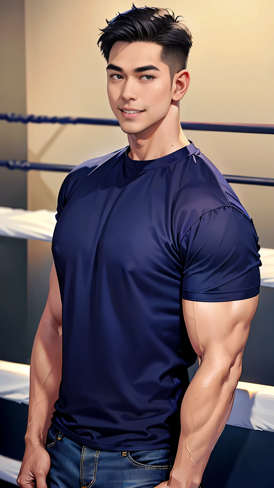 1 man, smile, (Wear a navy round neck shirt.), (Navy blue round neck shirt., short sleeve ฟุตบอล shirt.), Jeans, Korean guy , korean men, (High gloss details), chest muscles, Big arm muscles, blood vessel, big muscles, Broad shoulders, looking at the audience, Balancing the eyes, (Make eye contact), (boxing ring: 1.3)