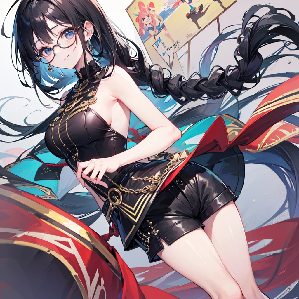 (((Best quality, 8k, Masterpiece: 1.3)), ((best quality)), ((masterpiece)), (detailed), girl、Black Hair、Glasses、Braid、dance、dance、Shorts、smile