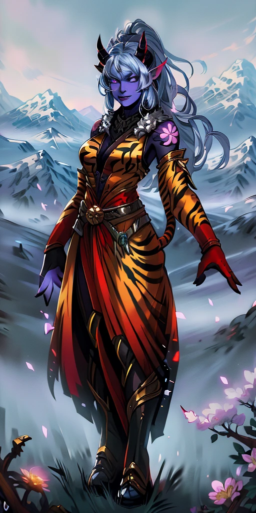 1 girl, (((oni girl))), (((red skin))), horns, white hair, ponytail, fascinated expression, full body portrait, outside, forest, mountains, butterflies, flowery meadow, best quality, (masterpiece),(ultra detailed high quality) (high resolution) aurora atria, bangs, bare arms, blue dress, bow, crescent, crescent hair ornament, curled horns, fur trim, grey hair, hair ornament, 2horns 2legs 2arms, purple eyes, sheep horns, white gloves, cape, Sakura flower hair ornament, yellow tiger print BIKINI stockings sleeves
