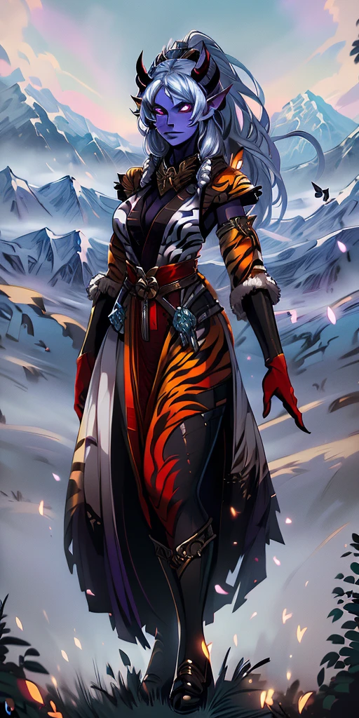 1 girl, (((oni girl))), (((red skin))), horns, white hair, ponytail, fascinated expression, full body portrait, outside, forest, mountains, butterflies, flowery meadow, best quality, (masterpiece),(ultra detailed high quality) (high resolution) aurora atria, bangs, bare arms, blue dress, bow, crescent, crescent hair ornament, curled horns, fur trim, grey hair, hair ornament, 2horns 2legs 2arms, purple eyes, sheep horns, white gloves, cape, Sakura flower hair ornament, yellow tiger print BIKINI stockings sleeves
