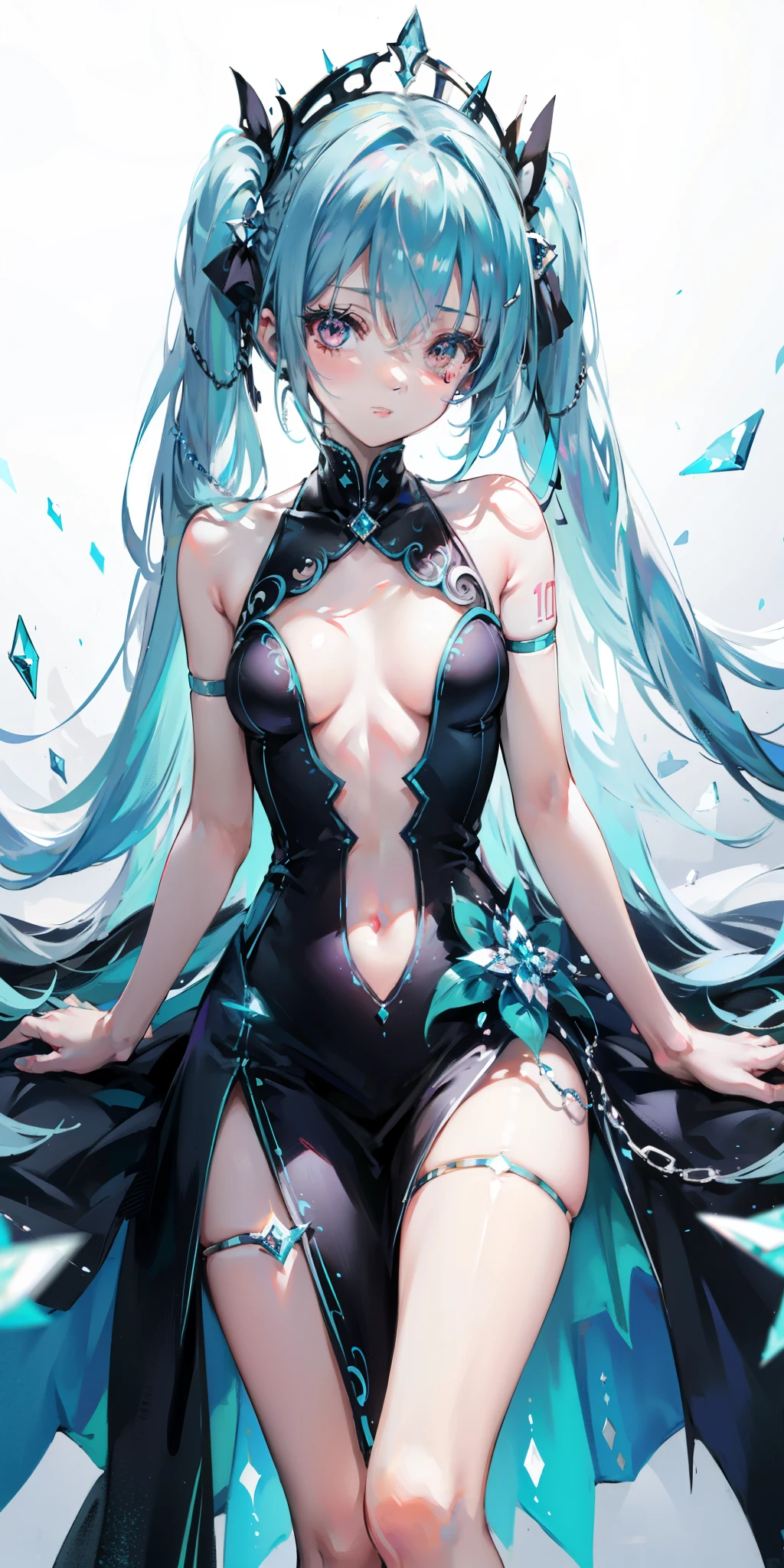 blue theme, Hatsune Miku portrait，masterpiece, magic , (Impossible Dress:1.5), mini skirt, Gradient background, Silver-blue hair, , Bangs,Side Chain, pink eyes, (ulzang-6500-v1.1:0.9), 中等Chest, Chest, Thigh gap, Hair accessories, arching back, Black_witch_have,complicated_decorate,mystery_fountain,luminescent_crystal