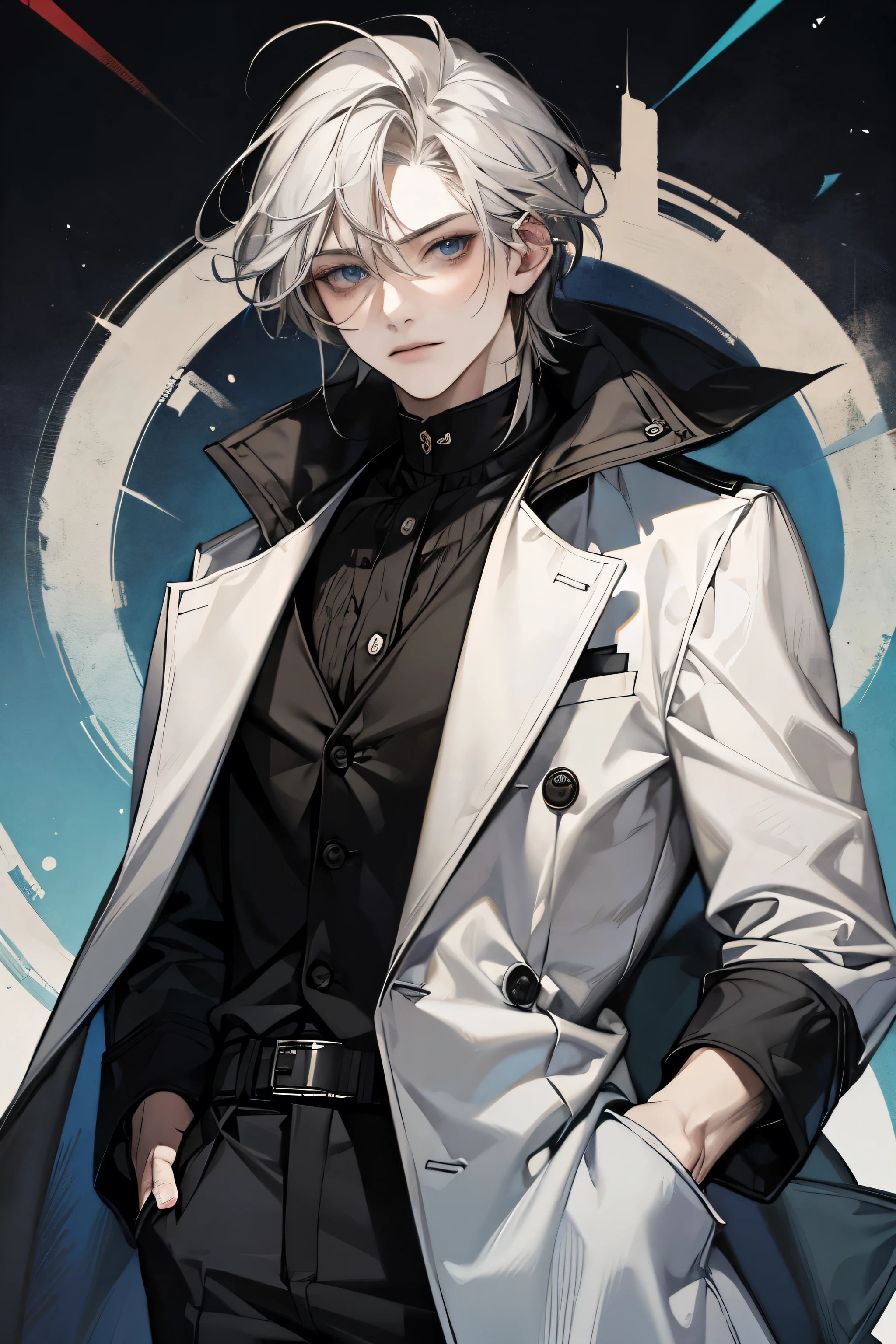 masterpiece, best quality, Solitary, male, Medium Length Hair, white hair, Light blue eyes, Black shirt, White coat, White pants, mafia