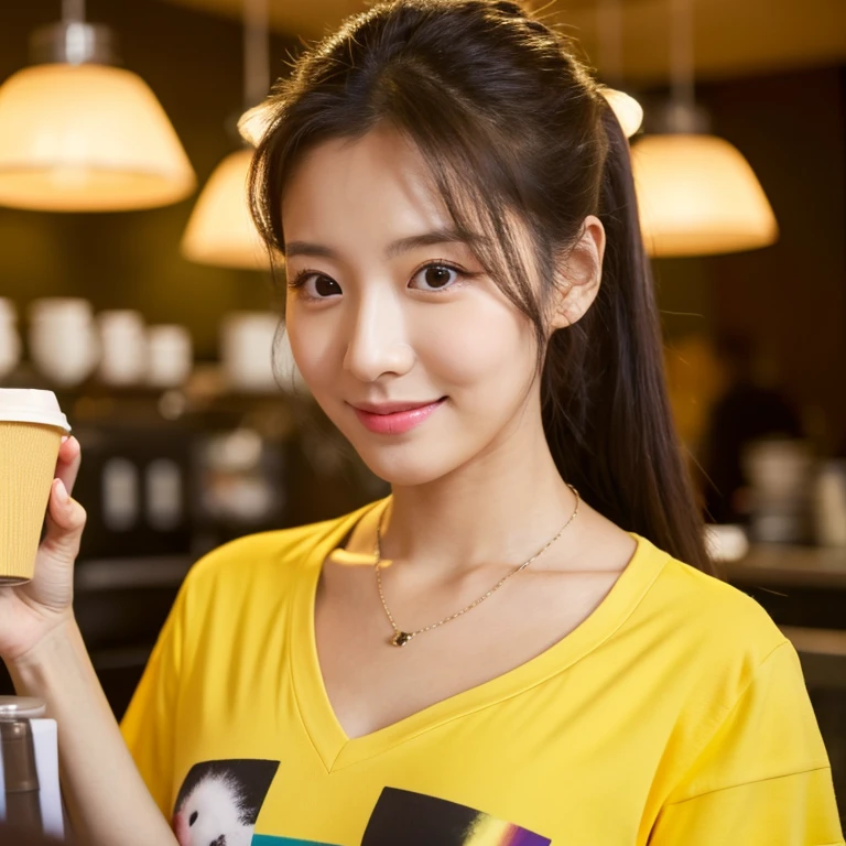 UHD, Close-up photo of a cute Korean woman,Chest size 32 inches, ponytail, Wear a yellow T-shirt., necklace, With a mobile phone in a coffee shop