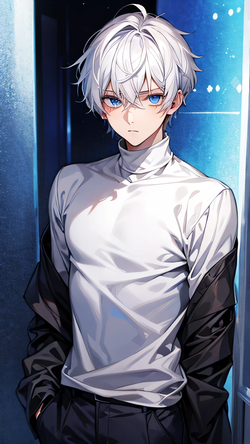 Blue eyes, white hair, male, teenager, short hair, handsome, mysterious, cool, turtleneck