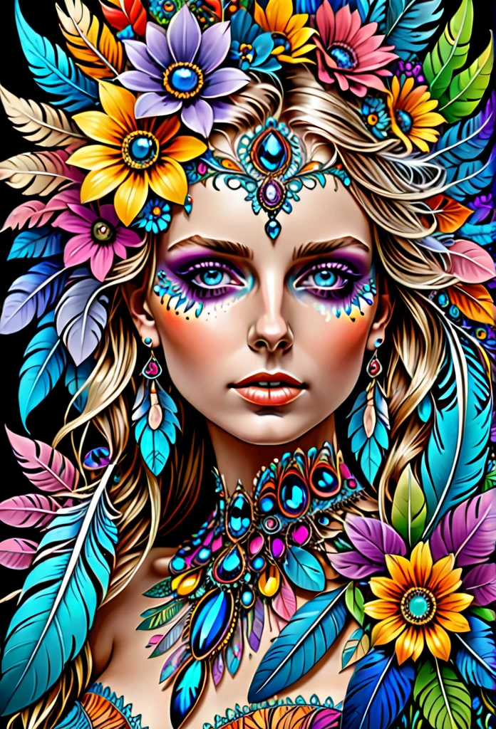 (masterpiece, top quality, best quality, official art, beautiful and aesthetic:1.2), (Maude Adams:1.3), extremely detailed,(fractal art:1.1),(colorful:1.1)(flowers:1.3),highest detailed,(zentangle:1.2), full body, (abstract background:1.3), (shiny skin), (many colors:1.4), ,(earrings), (feathers:1.5),