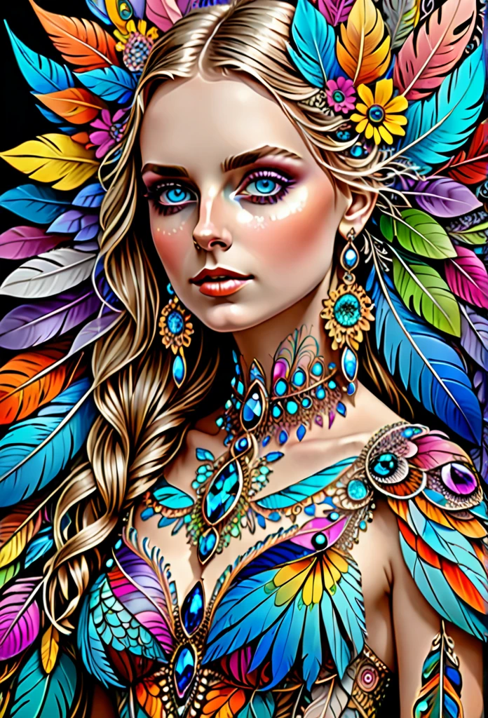 (masterpiece, top quality, best quality, official art, beautiful and aesthetic:1.2), (Maude Adams:1.3), extremely detailed,(fractal art:1.1),(colorful:1.1)(flowers:1.3),highest detailed,(zentangle:1.2), full body, (abstract background:1.3), (shiny skin), (many colors:1.4), ,(earrings), (feathers:1.5),