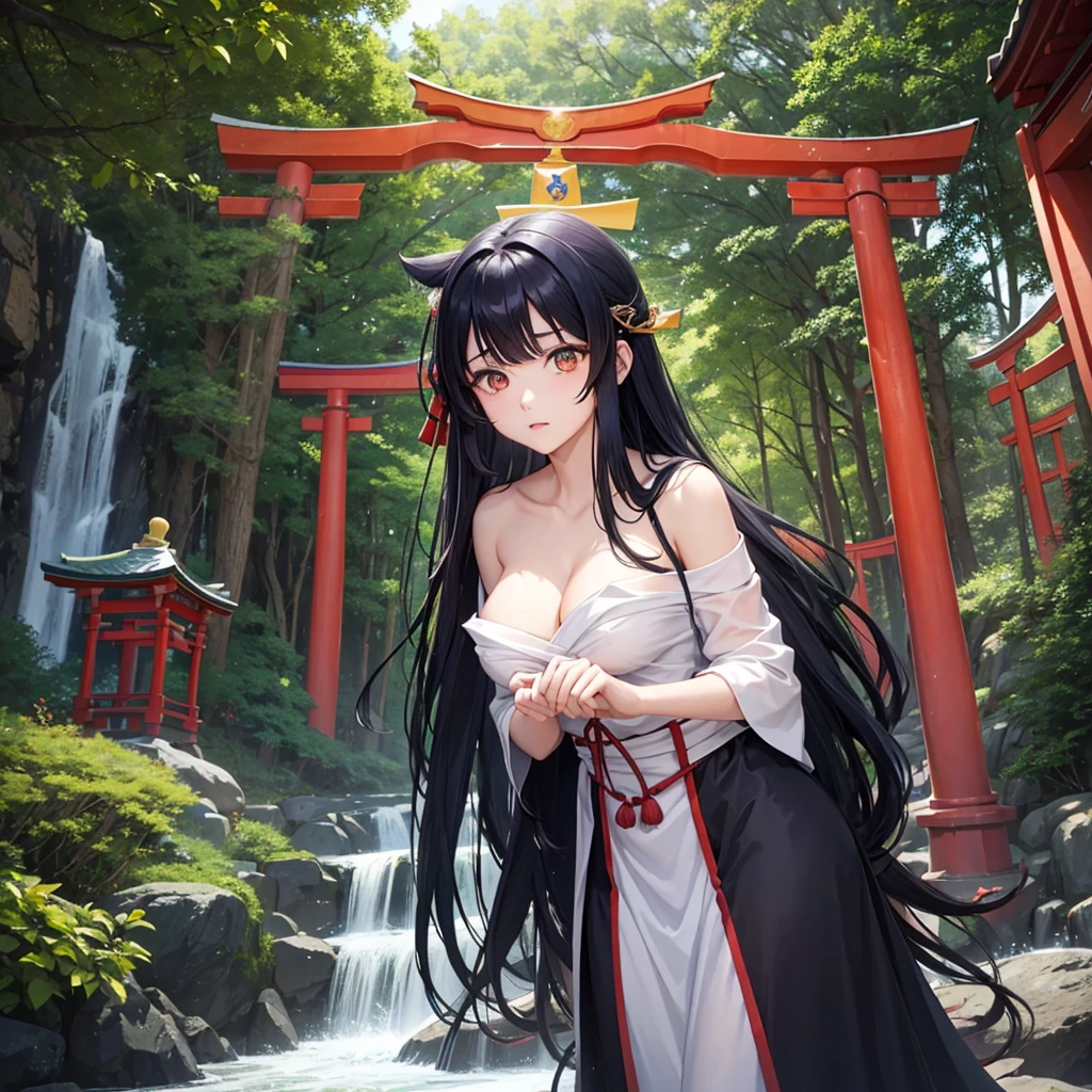 anime、Vibrant colors、Beauty、20-year-old、gallant、dignified、Calm、Black Hair、Long Hair、Straight Hair、The bangs are cut above the eyebrows、Narrow eyes、Slanted Eyes、Bright eyes、Sparkling eyes、Large Breasts、in the forest、shrine、10 large red torii gates、waterfall