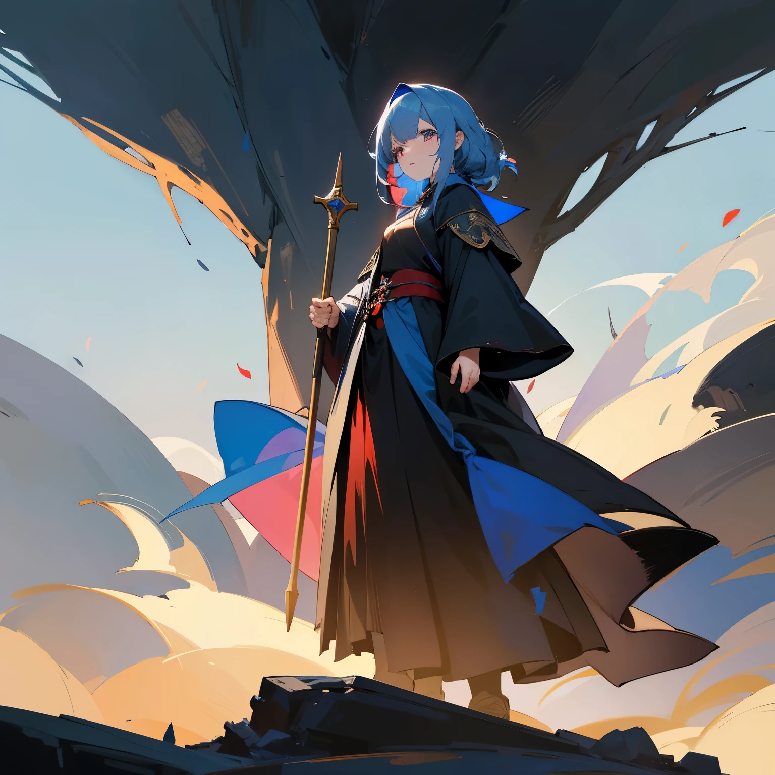 A woman stands in a medieval European-style landscape。She is a wizard wearing dark robes and carrying a wand.。Heterogeneous eyes: blue right eye and red left eye。