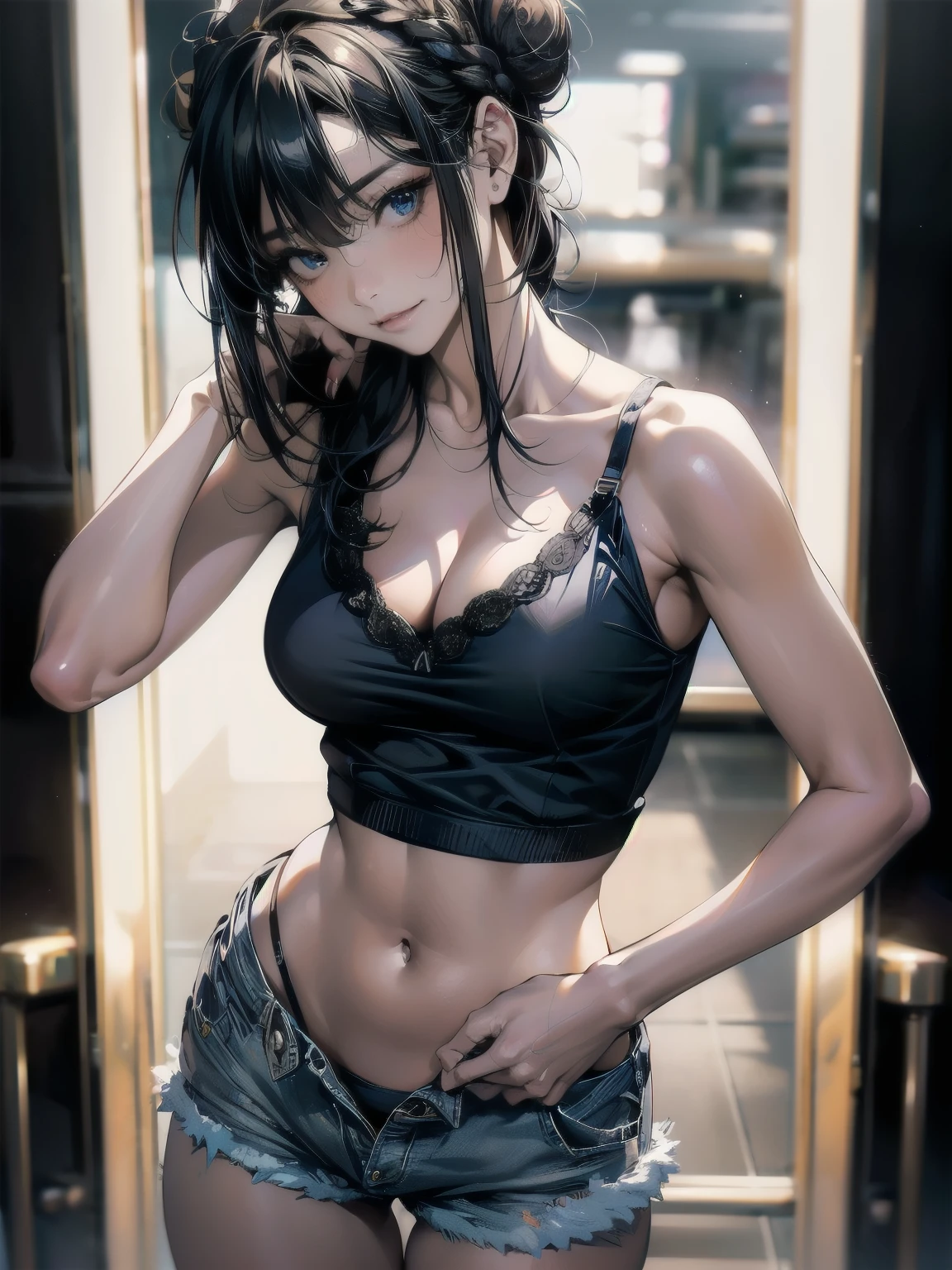 High resolution、High resolution、Real Live Action、Ulzzang, Braided space bun, Saggy breasts, Polishing Women, reflection, mirror, Look at yourself, Cleavage, camisole, Thighs, sink,  Tile wall，Cowboy Shot, Check your chest size, (8k、RAW Photos、highest quality、masterpiece:1.2)、(Realistic、Photorealistic:1.37)、Perfect body、Clear Skin, (I can see under my chest、Tank tops that reveal navel and ribs)、A super mini tank top that shows off your hips and lower abdomen, ((Shorts)), Black Hair，Realistic, Airglow refraction, photograph：Lee Jeffries, Nikon d850 film stock photos 4 kodak portra 400 camera f1.6 Lenses, Rich colors, ultra Realistic Realistic textures, Dramatic lighting