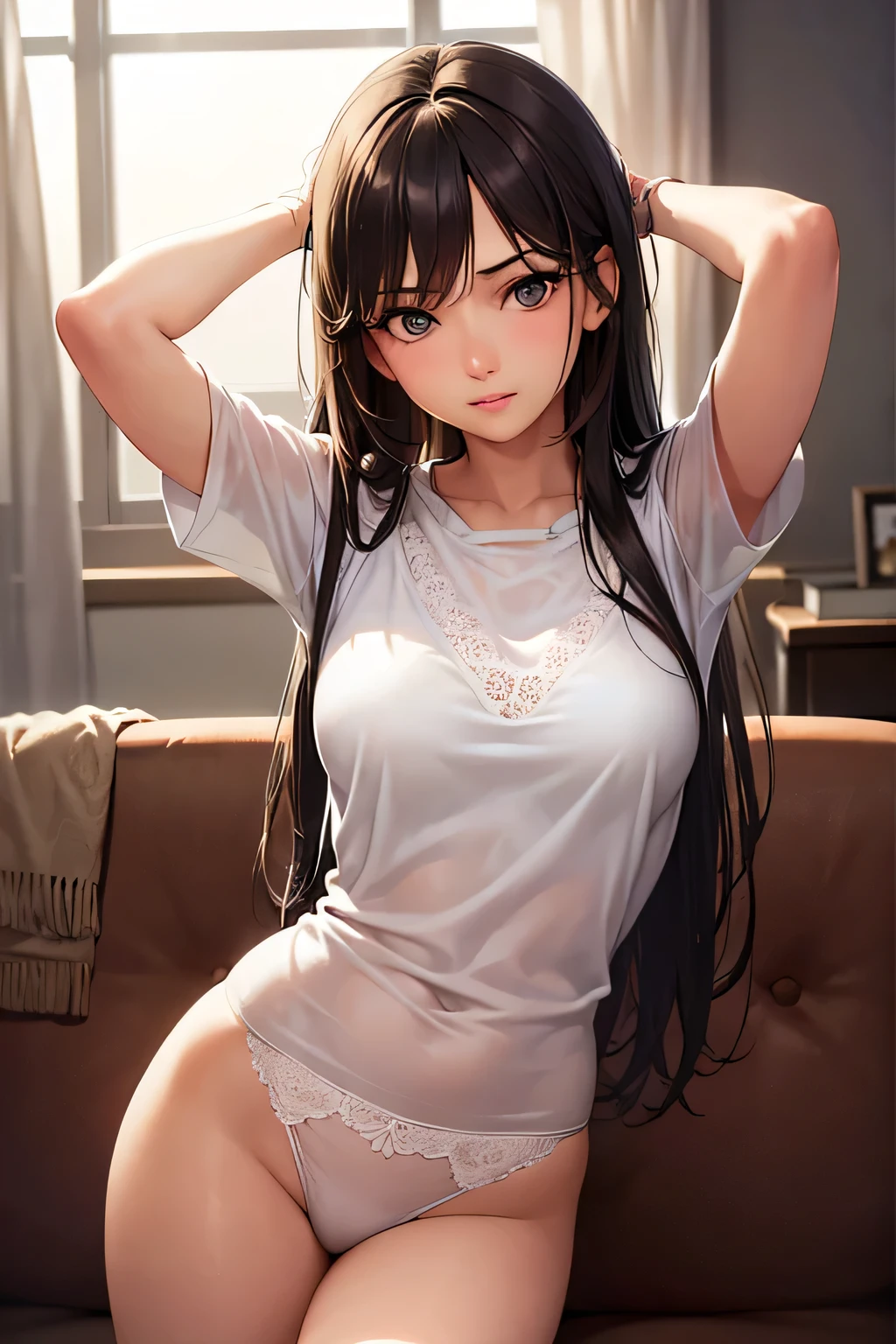 (best quality,realistic),(HDR,UHD),(studio lighting),(vivid colors),(bokeh),(photorealistic:1.37)
portrait, girl, brown hair, detailed eyes, beautiful detailed lips, tired face, long eyelashes, long hair, bangs, yawn
scene description, morning light, bedroom, cozy atmosphere, white walls, soft lighting, sunlight peeking through the curtains, calm and peaceful, neat and tidy room
character details, young girl, about 20 years old, hourglass body, slim figure, arms raised in a stretch, just woke up, a bit disheveled hair, wearing a white shirt and white lace panties
mood, sleepy, relaxed, comfortable, languid, morning laziness, sleepy eyes, subtle smile
note, please make sure the face of the girl looks natural and not distorted, with accurate and detailed facial features