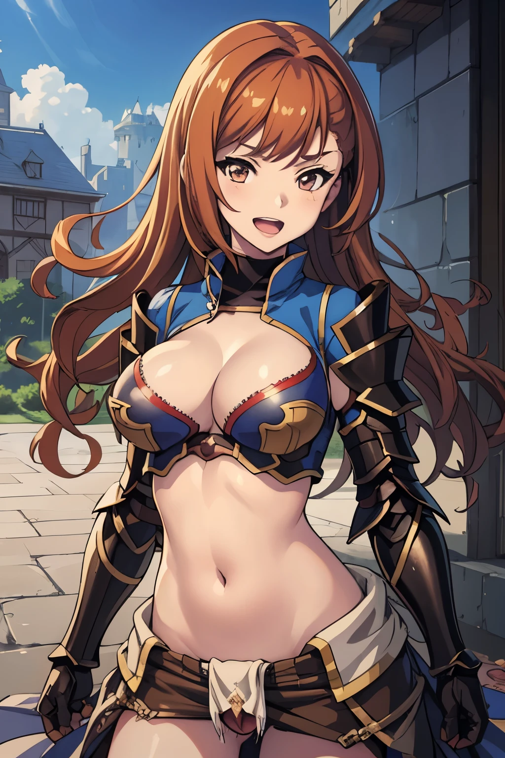 defbeatrix, long hair, large breasts, masterpiece, best quality, highly detailed, fantasy , a anime girls in armored dress holding a sword
posing for a picture, evil smile, smile, open mouth, breastplate with open cleavage, cleavage, warrior
outfit, ecchi anime style, anime girls, ecchi style, (nsfw) not safe for work, ecchi, digital anime art!!, in
anime style, official artwork, visual novel cg, beautiful anime girl, anime style 4 k , loincloth, exposed
belly, exposed navel, exposed midriff, exposed lower belly, pencil skirt armored, castle,inside castle,