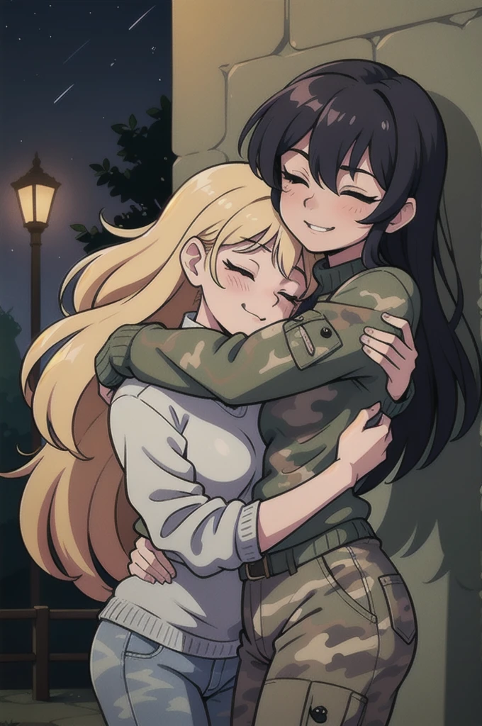 (best quality), long-haired lesbian girls with closed eyes, evil smile in camouflage sweaters and camouflage pants, hugging and kissing, night, dark side, lesbian life, passionate love