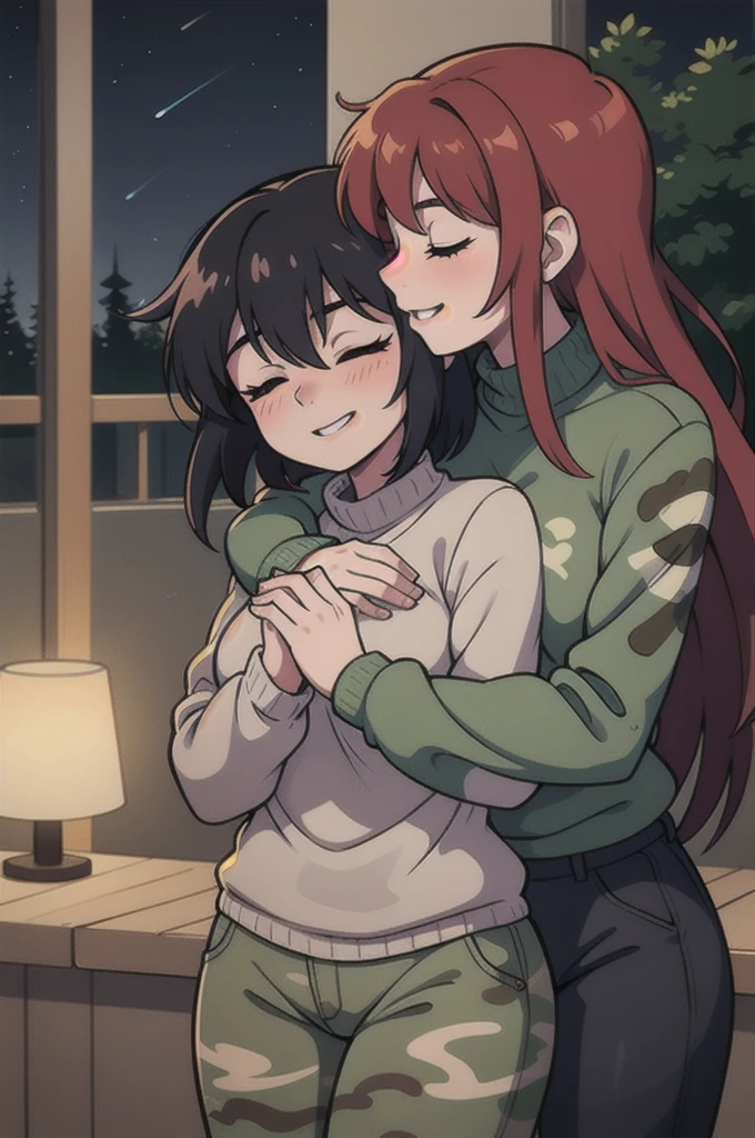 (best quality), long-haired lesbian girls with closed eyes, evil smile in camouflage sweaters and camouflage pants, hugging and kissing, night, dark side, lesbian life, passionate love