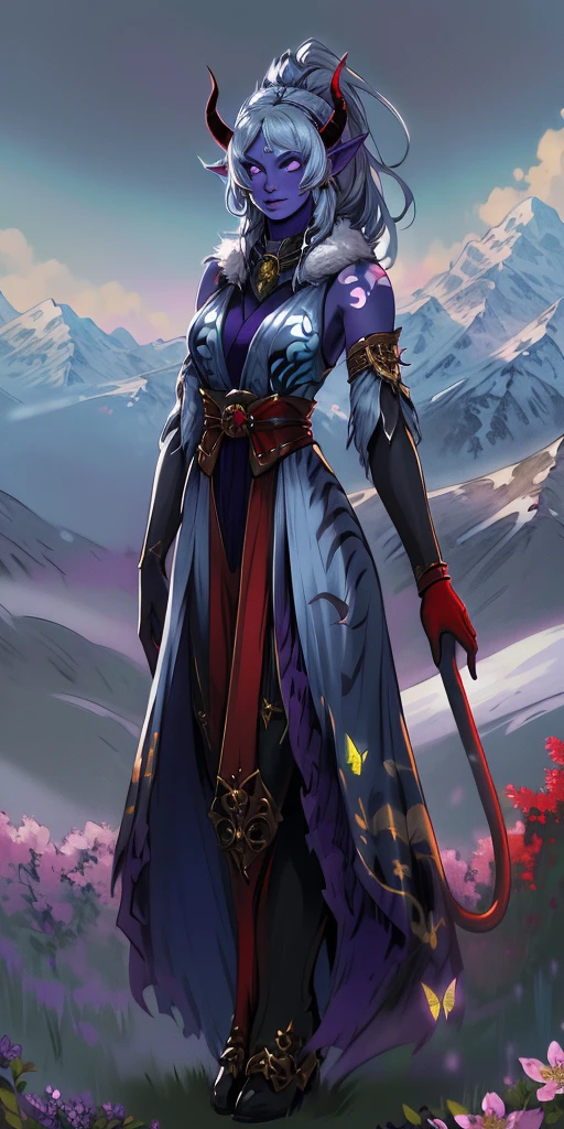 1 girl, (((oni girl))), (((red skin))), horns, white hair, ponytail, fascinated expression, full body portrait, outside, forest, mountains, butterflies, flowery meadow, best quality, (masterpiece),(ultra detailed high quality) (high resolution) aurora atria, bangs, bare arms, blue dress, bow, crescent, crescent hair ornament, curled horns, fur trim, grey hair, hair ornament, 2horns 2legs 2arms, purple eyes, sheep horns, white gloves, cape, Sakura flower hair ornament, yellow tiger print BIKINI stockings sleeves
