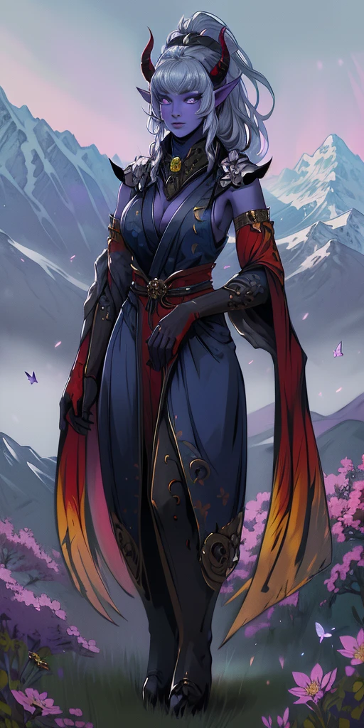 1 girl, (((oni girl))), (((red skin))), horns, white hair, ponytail, fascinated expression, full body portrait, outside, forest, mountains, butterflies, flowery meadow, best quality, (masterpiece),(ultra detailed high quality) (high resolution) aurora atria, bangs, bare arms, blue dress, bow, crescent, crescent hair ornament, curled horns, fur trim, grey hair, hair ornament, 2horns 2legs 2arms, purple eyes, sheep horns, white gloves, cape, Sakura flower hair ornament, yellow tiger print BIKINI stockings sleeves