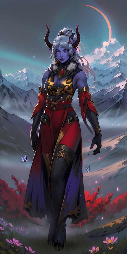 1 girl, (((oni girl))), (((red skin))), horns, white hair, ponytail, fascinated expression, full body portrait, outside, forest, mountains, butterflies, flowery meadow, best quality, (masterpiece),(ultra detailed high quality) (high resolution) aurora atria, bangs, bare arms, blue dress, bow, crescent, crescent hair ornament, curled horns, fur trim, grey hair, hair ornament, 2horns 2legs 2arms, purple eyes, sheep horns, white gloves, cape, Sakura flower hair ornament, yellow tiger print BIKINI stockings sleeves