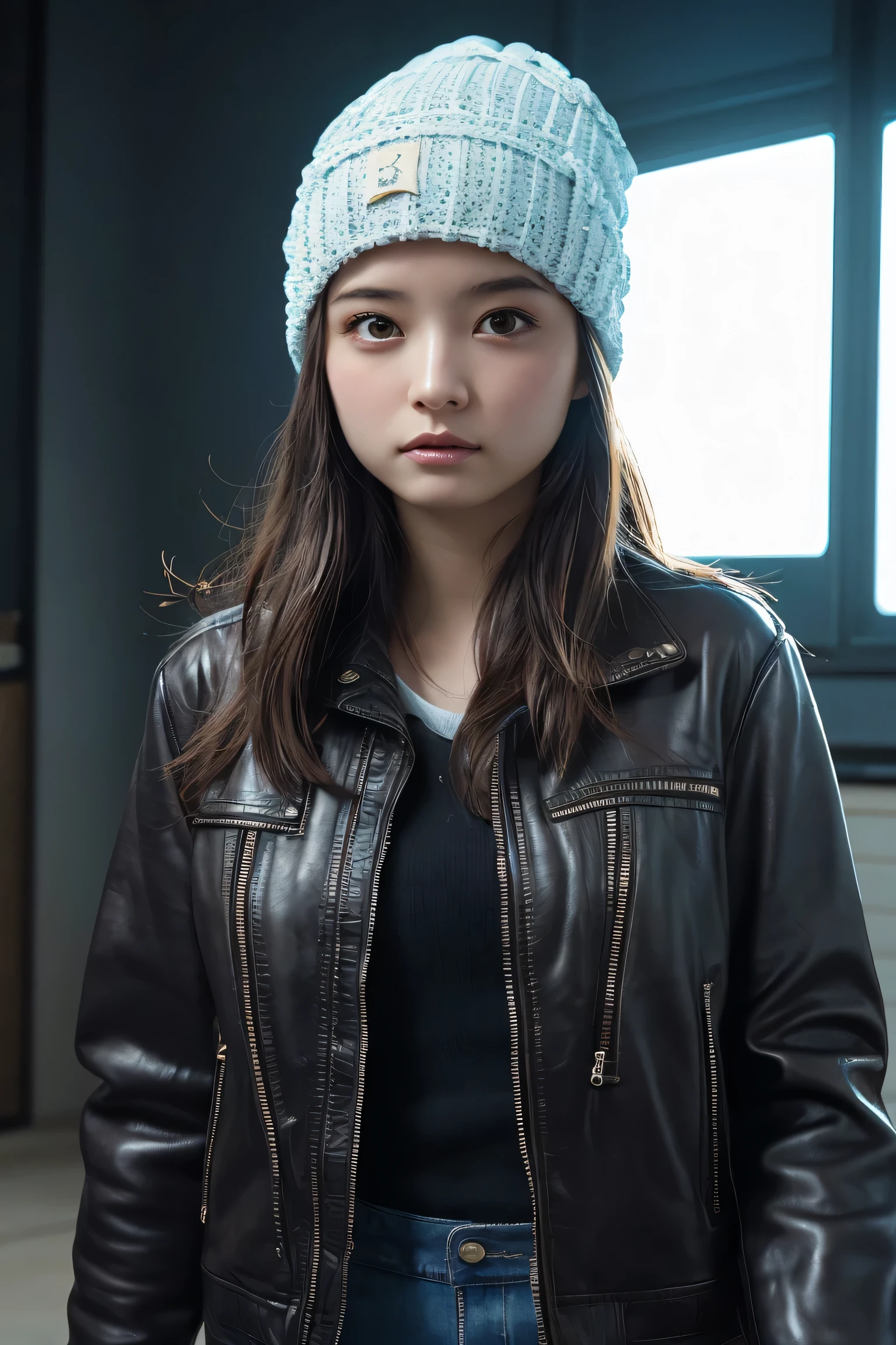 (8k:1.27), highest quality, masterpiece, Ultra-high resolution:1.2) Beautiful Japanese women photos
 (beautiful:1.1) (Sci-fi warrior woman:1.1) Space Soldier, (Beanie:1.61) (leather jacket:1.21) Complex and elegant, Fantasy, detailed, By Greg Rutkowski and Alfons Mutch『ometric』, Gradient lighting