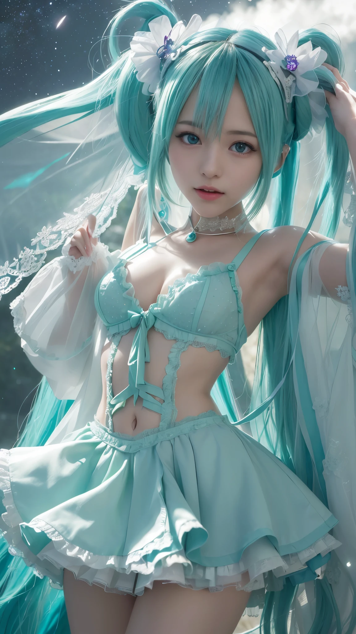 ((highest quality, 8K, masterpiece)), (Sheer sexy costume:1.4), Awesome girl, whole body, pretty girl, Slender body, , delicate, (Beautiful breasts:1.2), (Beautiful buttocks), (Perfect Eyes:1.3), (A face with attention to detail:1.2), Same eyes, Glare, Global Illumination, Soft Light, dream lights, Night Sky, nebula, White Crystal, moonlight, Tranquility, summer, (Perfect Anatomy:1.4), ((Hatsune Miku)), (Detailed girl&#39;s hands:1.4), (A wistful look:1.5)