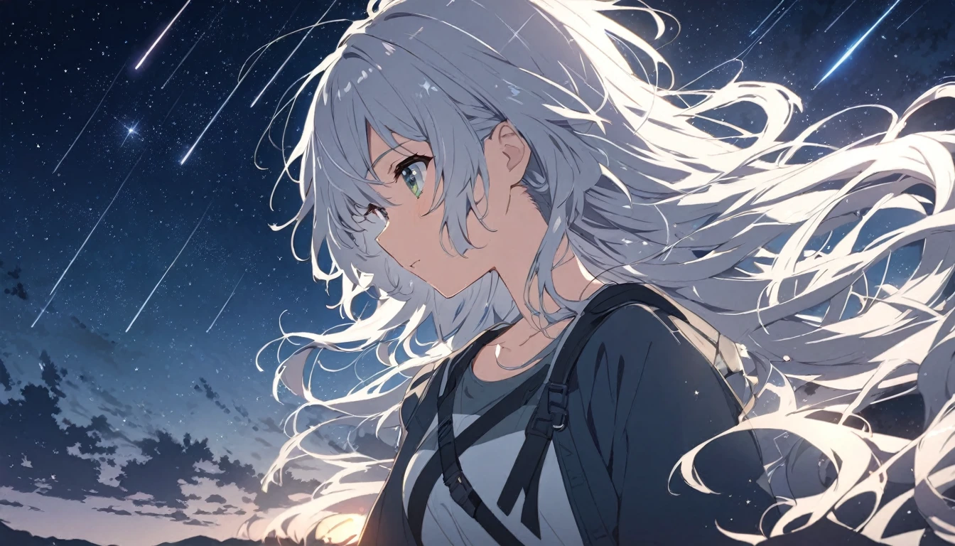 Anime drawings inspired by Makoto Shinkai, A girl throws a star into the dark sky, Shooting stars radiating from the night sky,pretty girl, Silver Hair, Long Hair, Disheveled Hair, Shiny Hair, listen to music