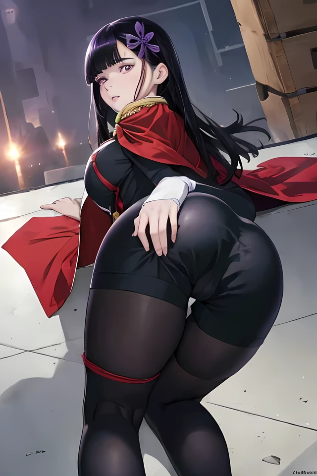 ((best quality)), ((masterpiece)), (detailed), (high resolution), perfect face, 1 Women, (violet slit eyes:1.3), (long black hair), Straight across bangs, (grown-up face:1.4), parted lips, medium breasts, lower body, (leaning forward:1.3), Stimulating, (anime coloring:1.1), (high angle:1.5), (Two old men:1.4), Stimulating, (man touch buttocks:1.2), (Yamashiro Ren), Mato Seihei no Slave, motion lines, motion blur, bouncing breasts , blunt bangs, hair ornament, add more details, military uniform, epaulettes, leashed pov , white gloves, looking at viewer, red cape, black pantyhose, long hair hair over one eye, masterpiece, hair ribbon, soles, (demand action:1.2), (They're touching her ass:1.4),