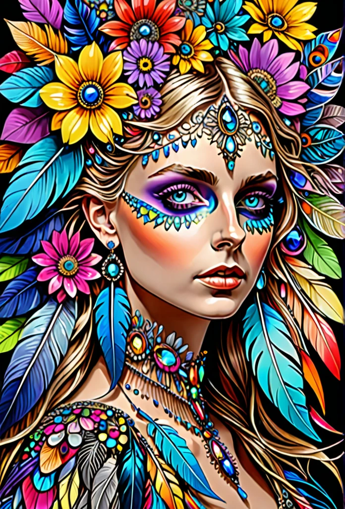 (masterpiece, top quality, best quality, official art, beautiful and aesthetic:1.2), (Maude Adams:1.3), extremely detailed,(fractal art:1.1),(colorful:1.1)(flowers:1.3),highest detailed,(zentangle:1.2), full body, (abstract background:1.3), (shiny skin), (many colors:1.4), ,(earrings), (feathers:1.5),