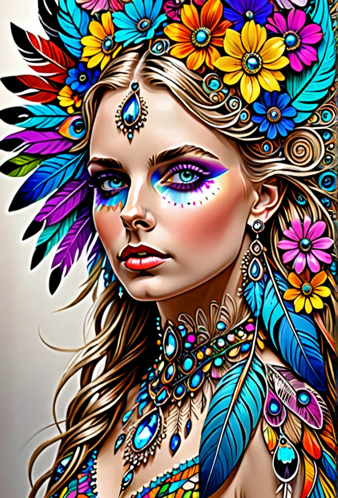 (masterpiece, top quality, best quality, official art, beautiful and aesthetic:1.2), (Maude Adams:1.3), extremely detailed,(fractal art:1.1),(colorful:1.1)(flowers:1.3),highest detailed,(zentangle:1.2), full body, (abstract background:1.3), (shiny skin), (many colors:1.4), ,(earrings), (feathers:1.5),