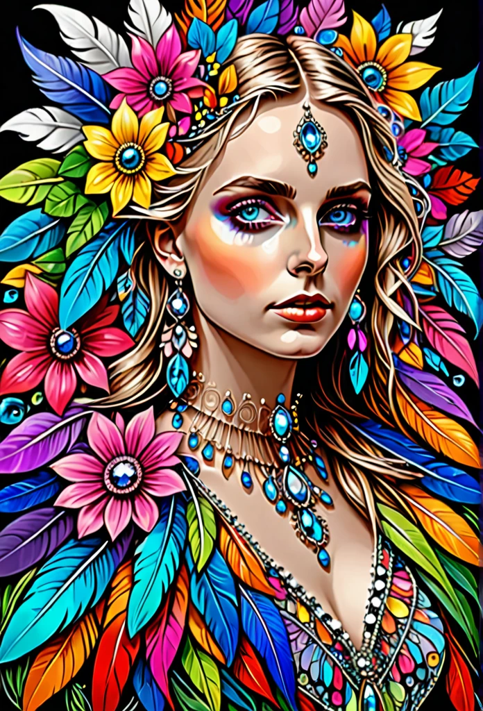 (masterpiece, top quality, best quality, official art, beautiful and aesthetic:1.2), (Maude Adams:1.3), extremely detailed,(fractal art:1.1),(colorful:1.1)(flowers:1.3),highest detailed,(zentangle:1.2), full body, (abstract background:1.3), (shiny skin), (many colors:1.4), ,(earrings), (feathers:1.5),