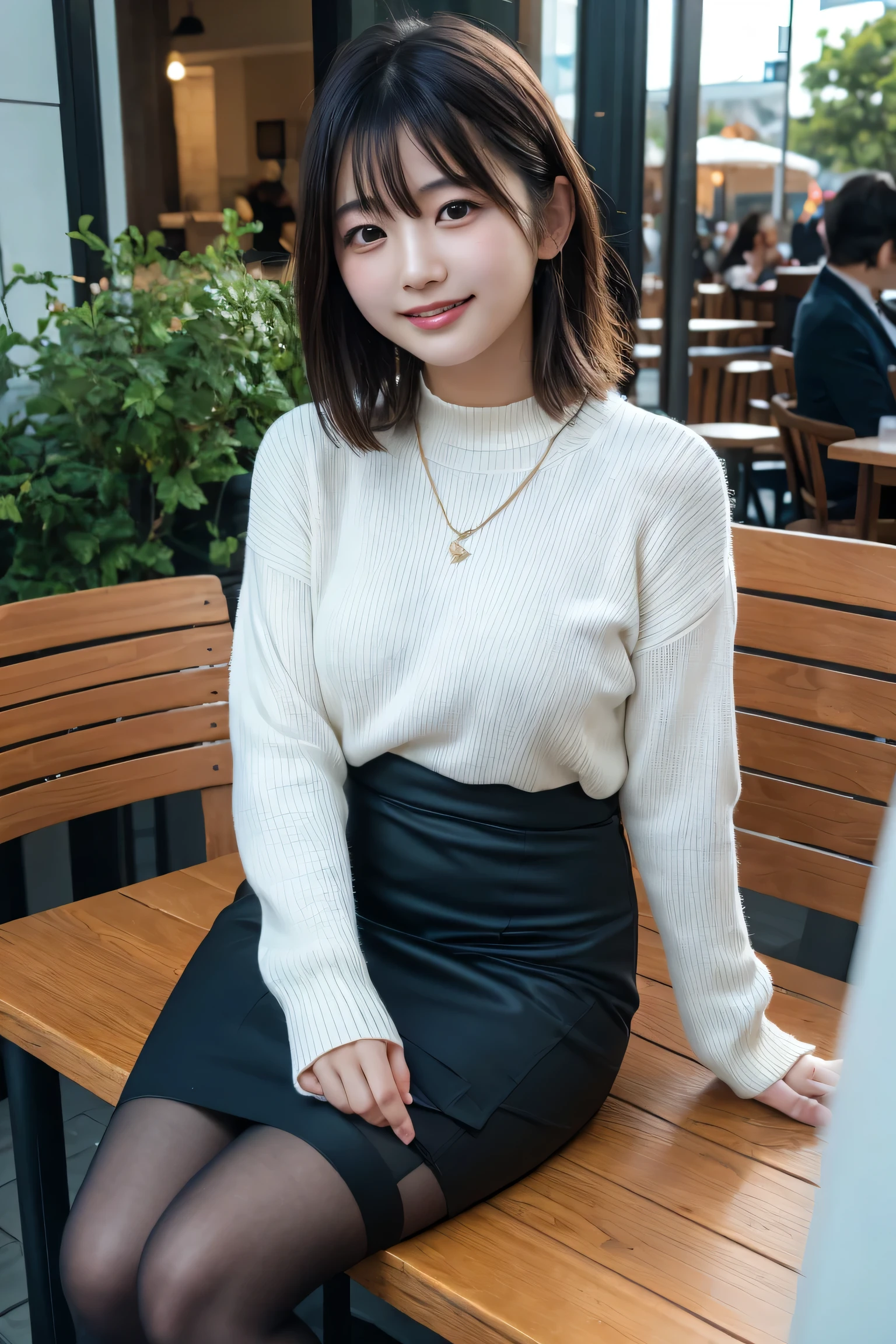 8K Ultra HD, Digital SLR,Film Grain, Fujifilm XT3,(highest quality:1.3), (masterpiece:1.1), High resolution, Cinematic Light, Intricate details, (Realistic),outside,beautiful outside,sunny,
Korean Girls,(At the cafe:1.5) , Dimples, Bobcut, View Viewer, Detailed tree, ribbon, A bow tie, Exposing shoulders, Ribbed sweater,
Pencil Skirt, High Waist Skirt, Headrest, Sitting, indoor,
necklace,Black Pantyhose, sheet transportation sweater, (smile),(whole body:1.6),thin,