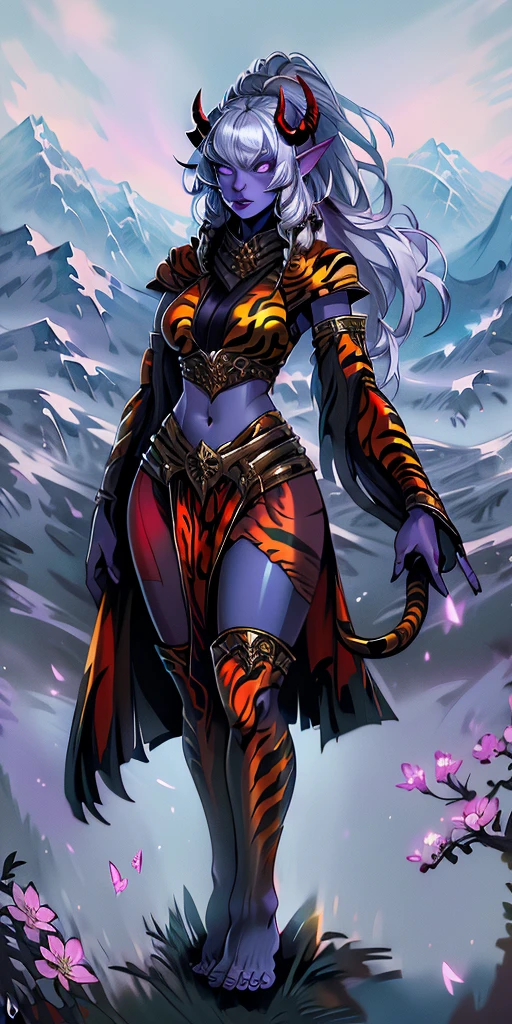 1 girl, (((oni girl))), (((red skin))), horns, white hair, ponytail, fascinated expression, full body portrait, outside, forest, mountains, butterflies, flowery meadow, best quality, (masterpiece),(ultra detailed high quality) (high resolution) aurora atria, bangs, crescent, crescent hair ornament, curled horns, fur trim, grey hair, hair ornament, 2horns 2legs 2arms barefoot bare arms, purple eyes, sheep horns, cape, Sakura flower hair ornament, yellow tiger print BIKINI stockings sleeves