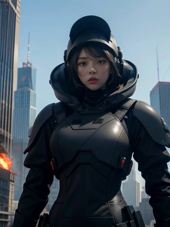 A giant black robot towers over a skyscraper. The city is on fire with murder rays coming out of my eyes.A young female worker with a helmet stands in front of her