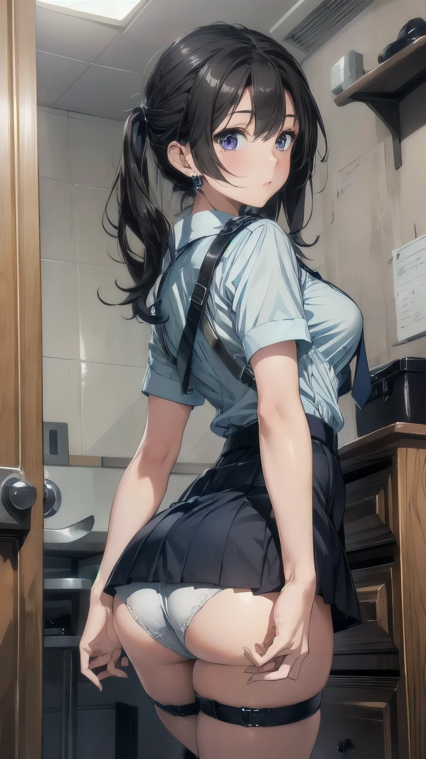 Female police officer uniform, Light blue short sleeve shirt, Navy tie,Ass from the back, panty shot, High Waist Mini Skirt,Panties dig into the buttocks, holster, White gloves, Police hat, handcuffs, Absurd, RAW Photos, Very delicate and beautiful, masterpiece, highest quality, Ultra-high resolution, 32k, Surreal, Super detailed, Milky skin, 20-year-old, Earrings, Wavy Hair, Full Body Shot, Black Hair, Deep Purple Eyes,