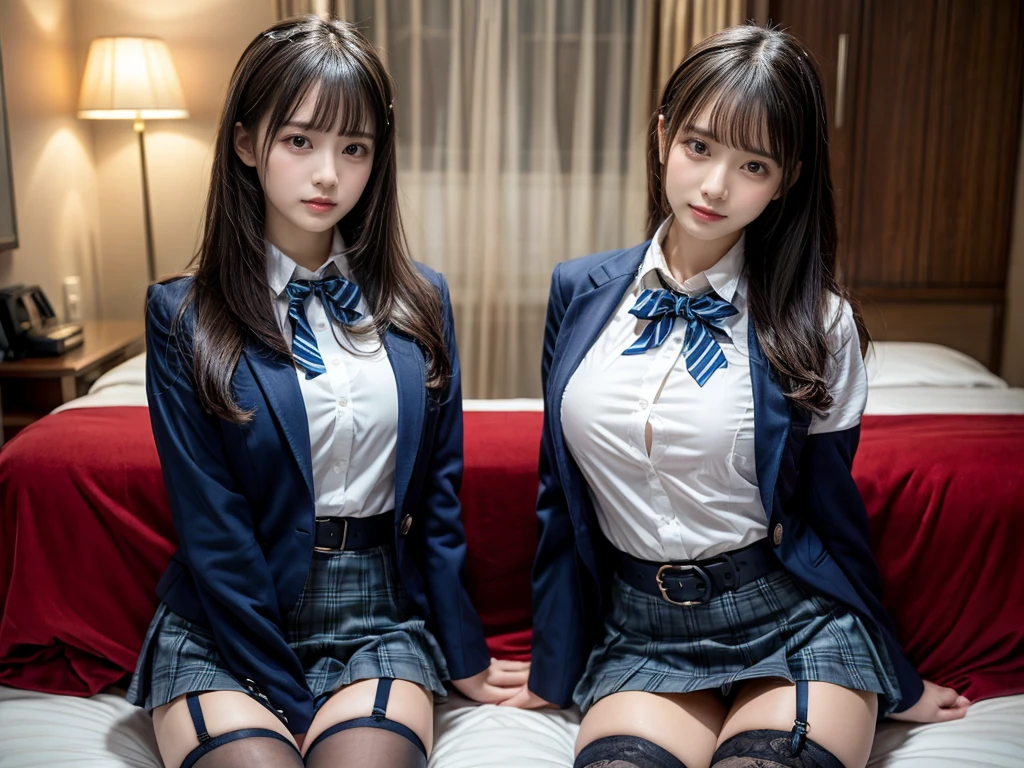 muster piece, best quality, illustration, Super detailed, fine details, High resolution, 8K,wall paper, perfect dynamic composition,(Details High quality, realistic depiction of eyes:1.3), ((2 girls, 2 schoolgirls)), The background is a luxury hotel room、High school girl uniform、blazer 、Super Short Check Uniform Skirt、Navy blue high socks、garterbelts、Colossal tits、Disturbed uniform, Play with each other,Touching each other's bodies,Touching the body of the girl next door, short bob hair, black hair color, huge breasts, Big Natural Color Lip, bold sexy pose, (perfect body shape), crying a little、cold gaze, Harajuku style、20 year old girl、 beautiful legs, hposing Gravure Idol, Voluptuous thighs