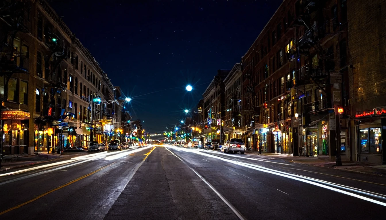 "Urban street at night with city lights"