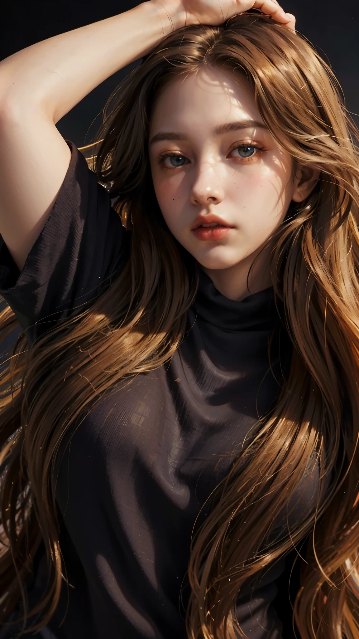 Best quality, masterpiece, ultra high res, (photorealistic:1.4), raw photo, 1girl, long hair, gold hair, detailed eyes and face, black sweater, dynamic lighting, in the dark, deep shadow, low key, cowboy shot