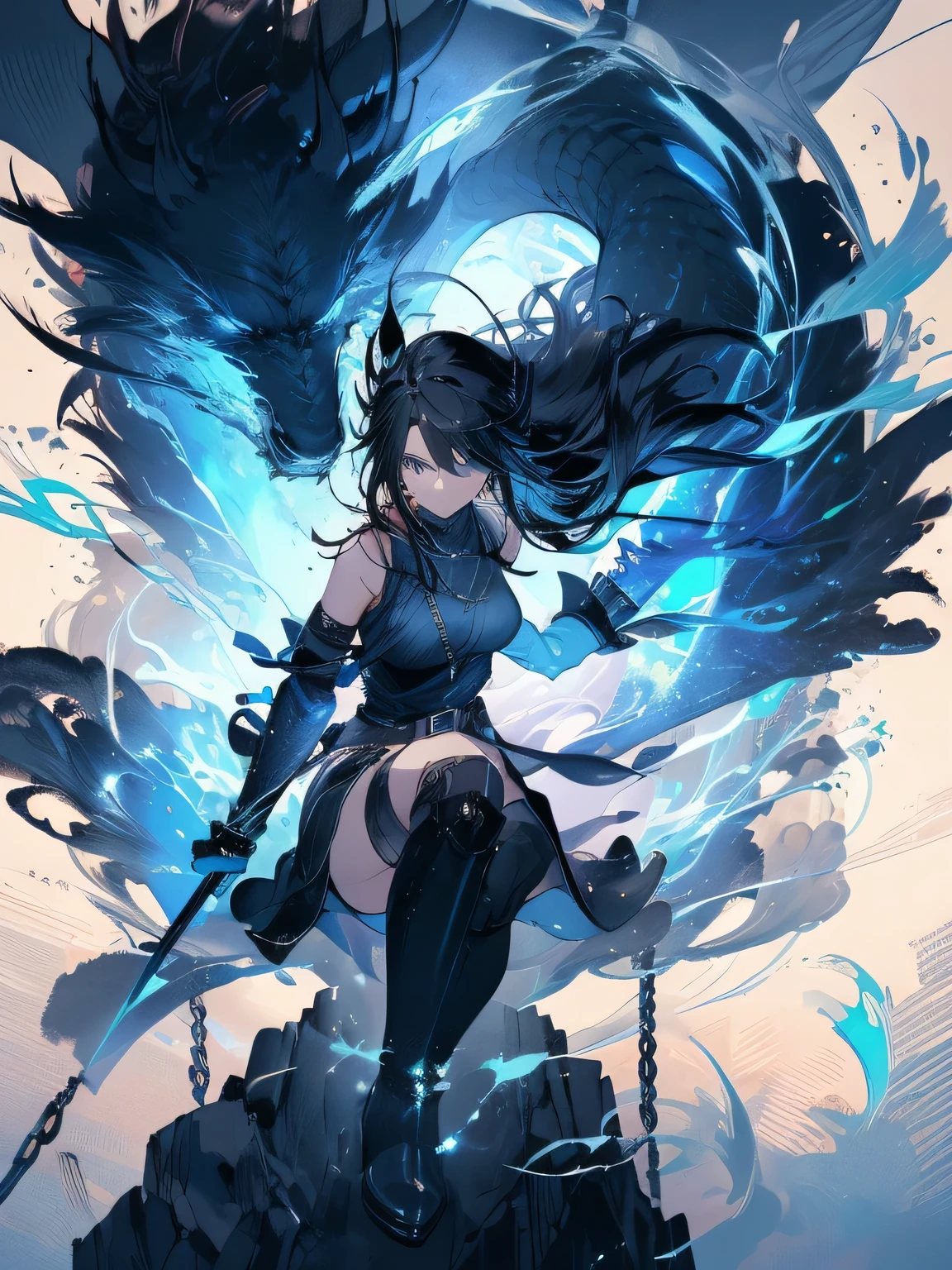 1female, female in her 30s, black fingerless gloves, long separate voile sleeves, big breasts, long over-the-knee black boots with blue elements, knee-length skirt, sleeveless shirt, belt, several chains, short coat to the waist, long hair, staff, blue elements on her clothes. cold blue and black colours. water magic. character reference sheet style. different poses and facial expressions.