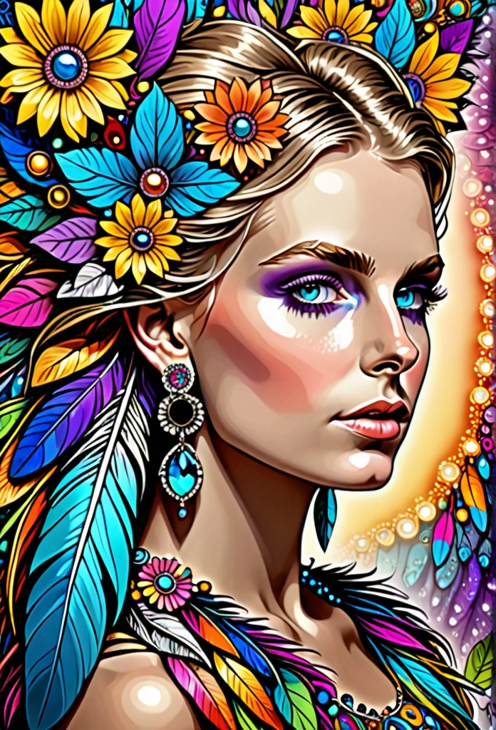 (masterpiece, top quality, best quality, official art, beautiful and aesthetic:1.2), (Maude Adams:1.3), extremely detailed,(fractal art:1.1),(colorful:1.1)(flowers:1.3),highest detailed,(zentangle:1.2), full body, (abstract background:1.3), (shiny skin), (many colors:1.4), ,(earrings), (feathers:1.5),