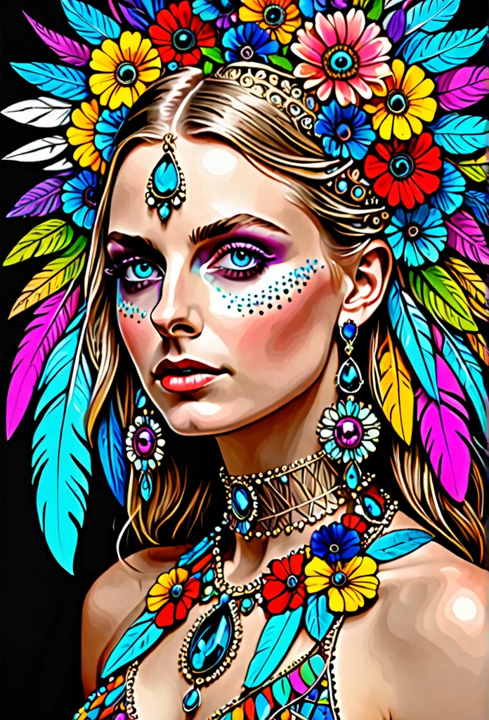 (masterpiece, top quality, best quality, official art, beautiful and aesthetic:1.2), (Maude Adams:1.3), extremely detailed,(fractal art:1.1),(colorful:1.1)(flowers:1.3),highest detailed,(zentangle:1.2), full body, (abstract background:1.3), (shiny skin), (many colors:1.4), ,(earrings), (feathers:1.5),