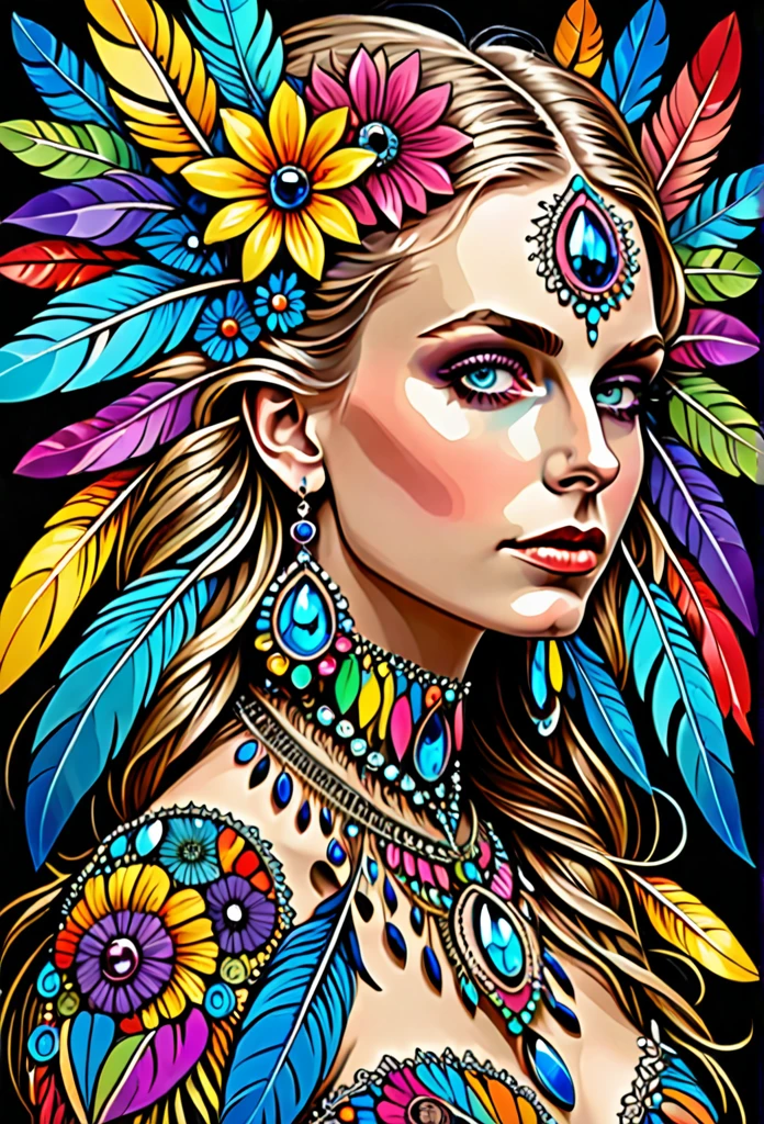 (masterpiece, top quality, best quality, official art, beautiful and aesthetic:1.2), (Maude Adams:1.3), extremely detailed,(fractal art:1.1),(colorful:1.1)(flowers:1.3),highest detailed,(zentangle:1.2), full body, (abstract background:1.3), (shiny skin), (many colors:1.4), ,(earrings), (feathers:1.5),