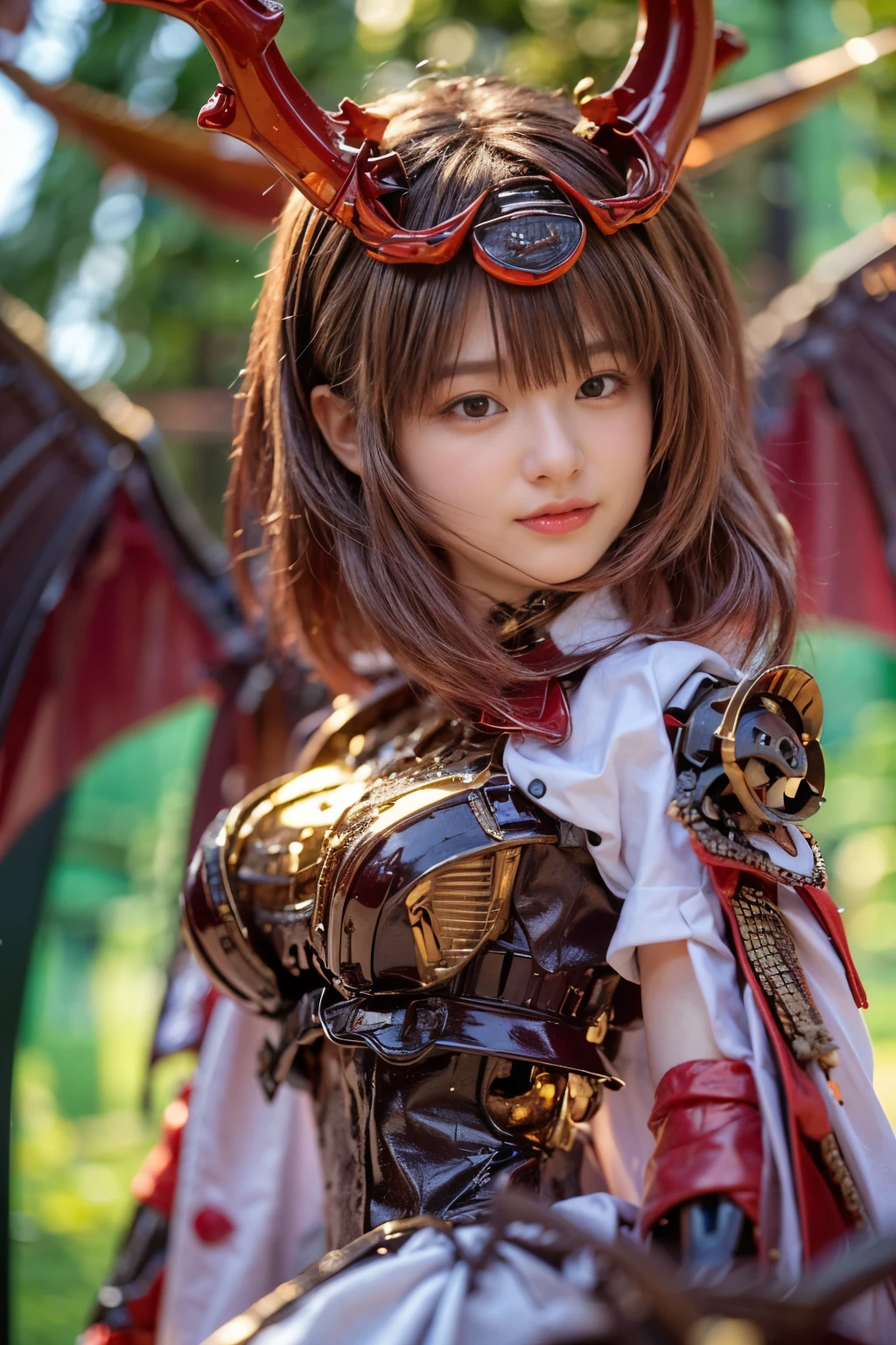 blindbox, (masterpiece, best quality:1.2), (8k uhd, 16k, 32k, ultra high res), (photorealistic:1.37), (RAW photo), ultimate-realistic, ultimate-realistic details, ultimate-realistic texture, ultimate-intricate details, ultimate-realistic lighting, ultimate-realistic shadow, japanese girl, ultimate-cute face, ultimate-RAW skin, ultimate-realistic eyes, (mechanical:1.4),  (armor), full body, wide shot, Evil organization, demons, horns, bat wings, red hair, bob cut, mechanical armor, reddish-black skin, red eyes, flying with Satanic castle in background