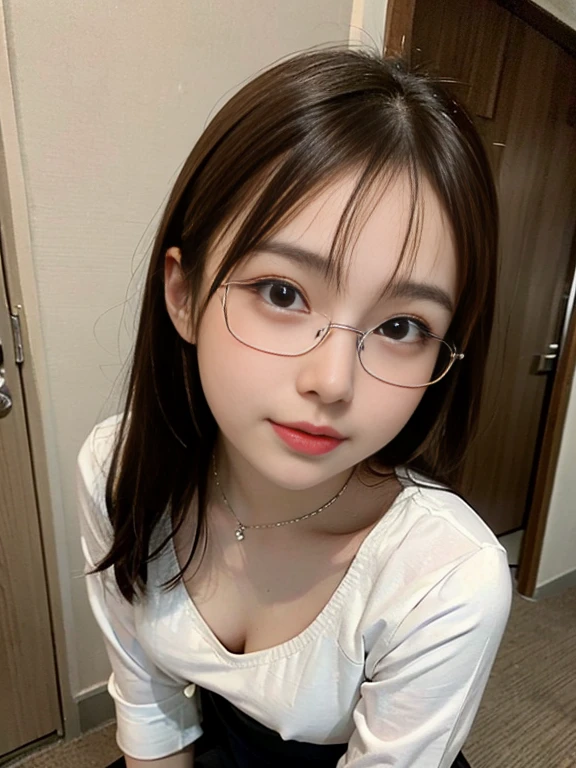 photo realistic, silver-rimmed glasses:1.8, full body shot, from below:1.6, photo of over the knees, medium wide shot photo, From below, One Girl,  detailed face, detailed eyes, blush cheeks, The cutest -yeld gi,small breast:1.6, flat chest:1.6, pantyhose, pencil skirt, Simple white blouse,  medium wide shot photo